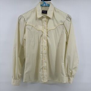 Vintage Tem Tex Shirt Womens 32 Yellow Western Snap Front Puff Sleeve USA